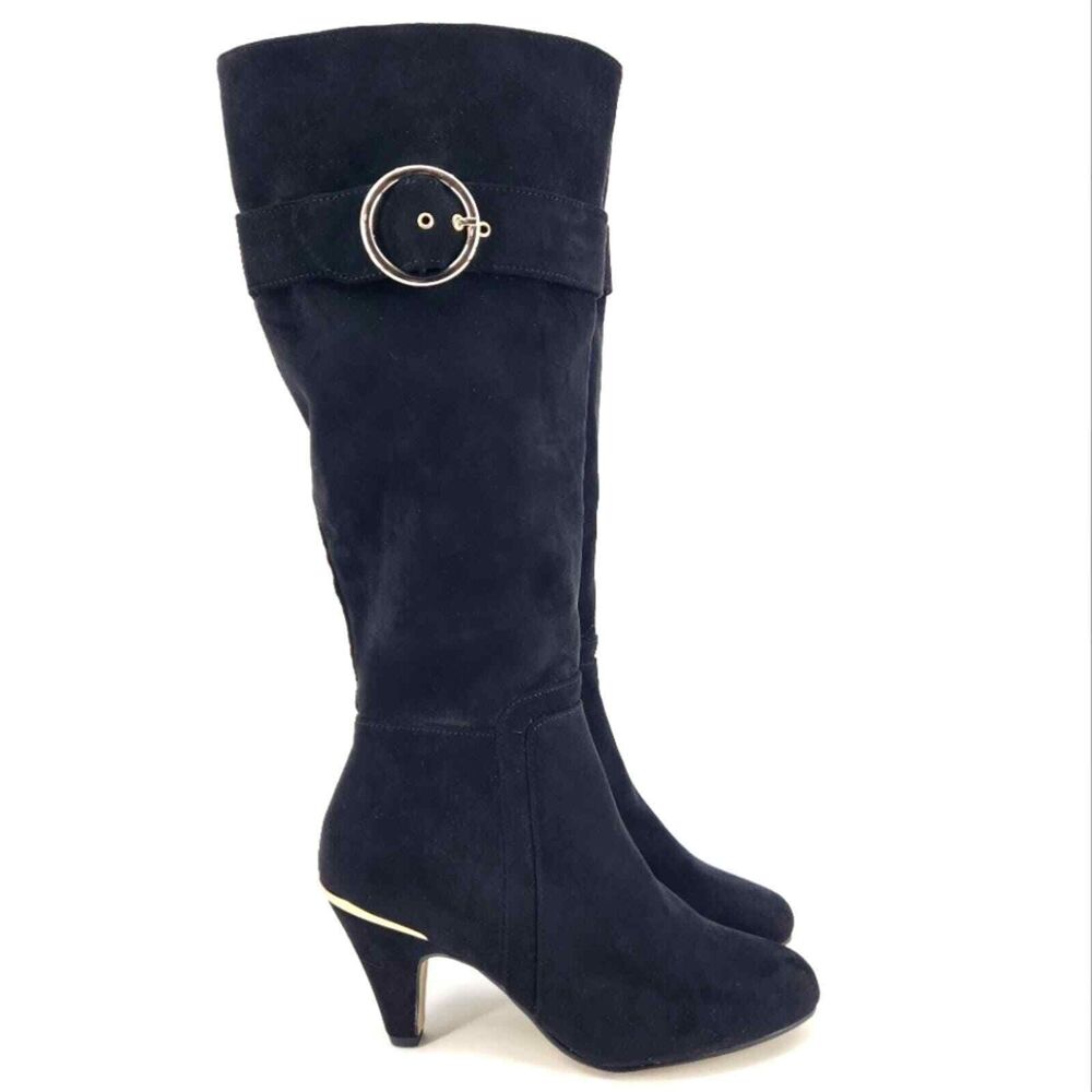 New Bella Vita Braxton Gold Buckle Black Faux Suede Tall Boots Womens Size 6